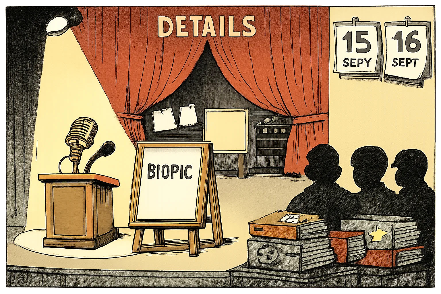 A cartoon film launch stage displays a blank biopic poster and microphone while a curtain labelled details hides empty calendar pages, a blank release board and an unused clapboard; a nearby calendar shows September 15 and 16 out of alignment.