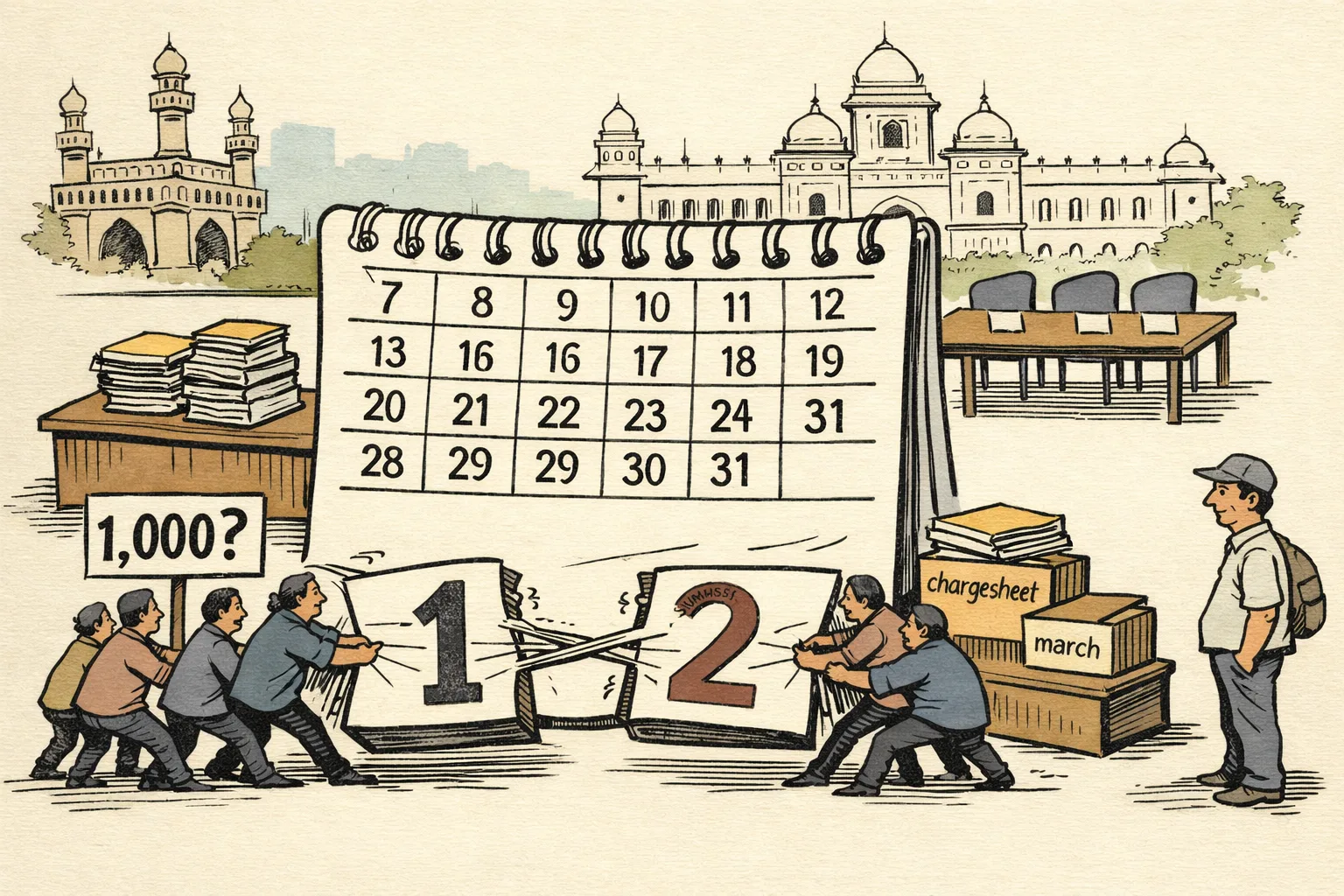 A giant calendar showing September 1 and September 2 is pulled between anonymous protest organisers outside a Telangana government complex, while unopened files and a blank summons sit on a nearby desk.