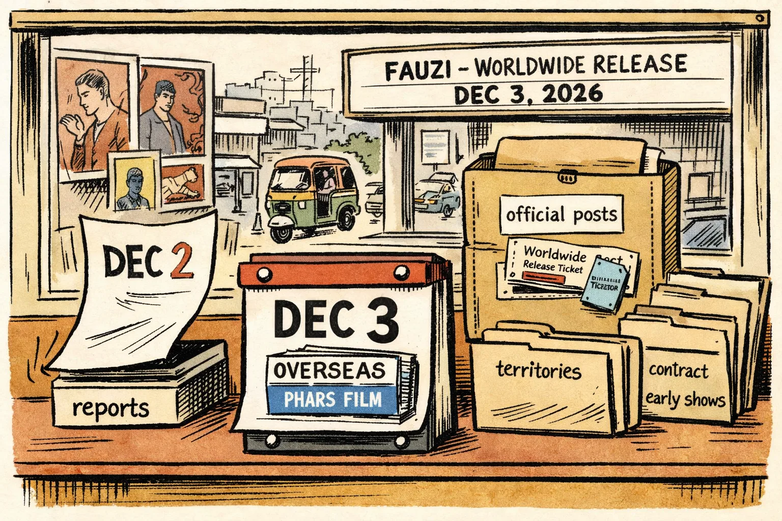 A cinema booking counter displays a firmly fixed December 3 ticket and a loose December 2 paper slipping through a side slot, with unopened folders for territories, contract and early shows.