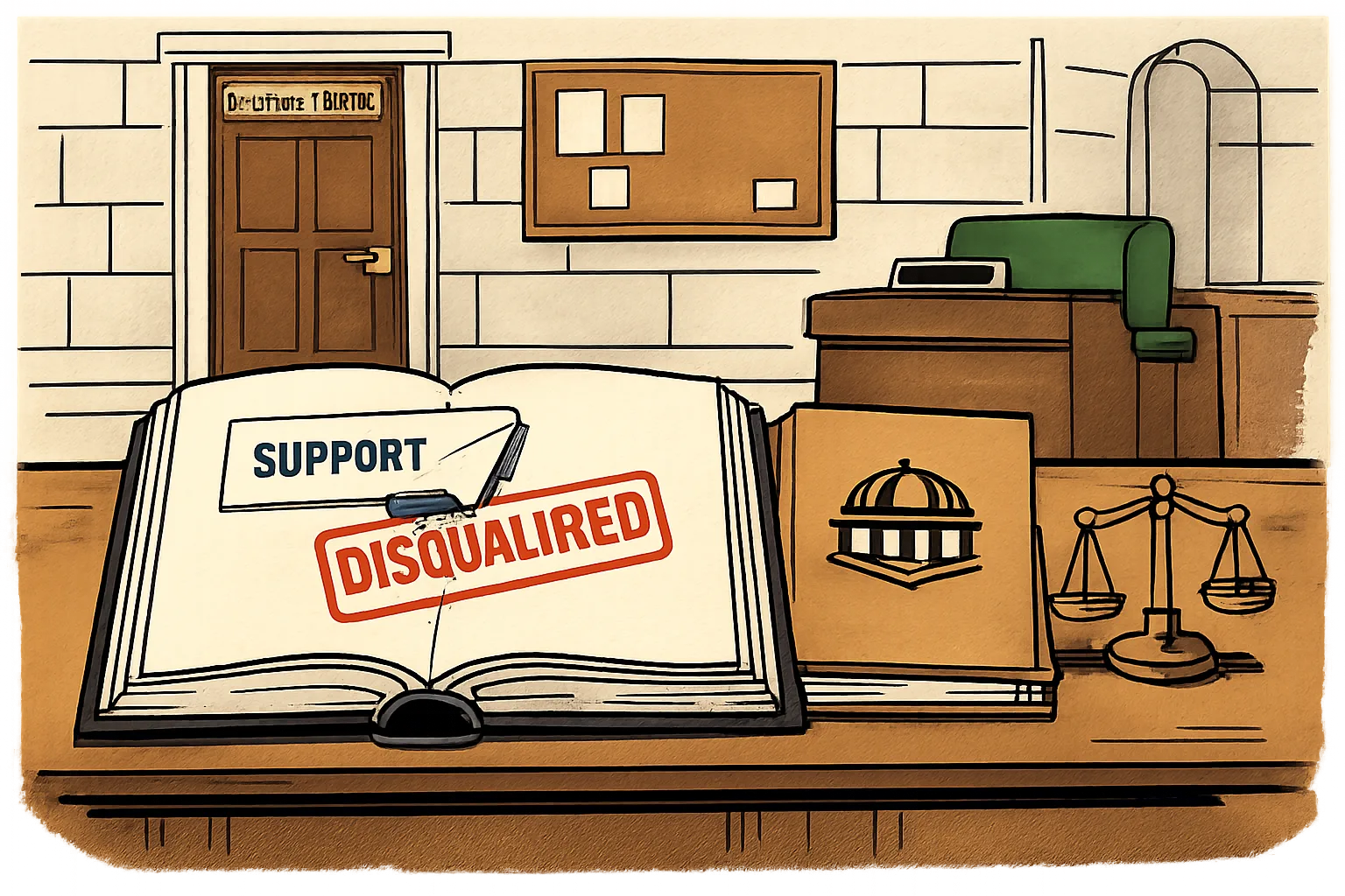 An oversized dictionary in a Telangana Assembly corridor has a peeled label reading “SUPPORT” revealing a court stamp reading “DISQUALIFIED”; a vacant seat placard and closed Speaker’s office are in the background.