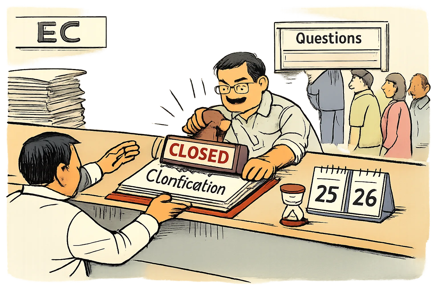 An institutional counter stamps a file marked Clarification CLOSED beside a calendar showing the 25th and 26th, while a service window labelled Questions is being lowered.