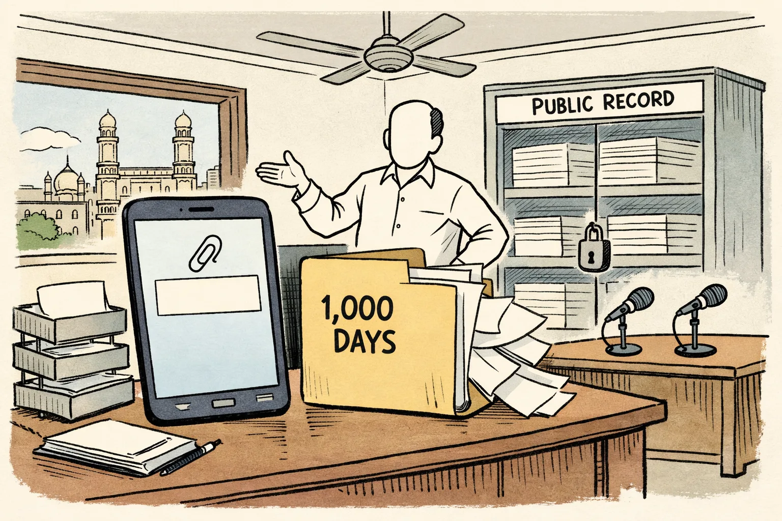 A blank report-card folder labelled “1,000 DAYS” sits beside a smartphone showing an empty attachment, while a government-office figure gestures toward it and a locked cabinet marked “PUBLIC RECORD” holds blank files.