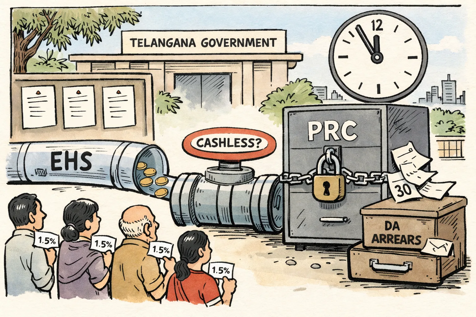 Government employees and pensioners wait outside a Telangana government office beside a locked PRC file cupboard, a jammed DA arrears drawer and an EHS payment pipe ending at a locked hospital gate.