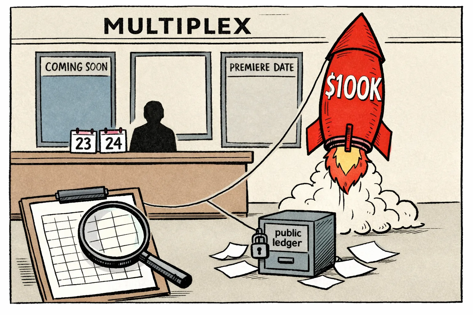 A red rocket marked "$100K" rises from a cinema desk while a string connects it to a locked cabinet labelled "public ledger"; an empty spreadsheet and a calendar showing September 23 and 24 sit in the multiplex lobby.