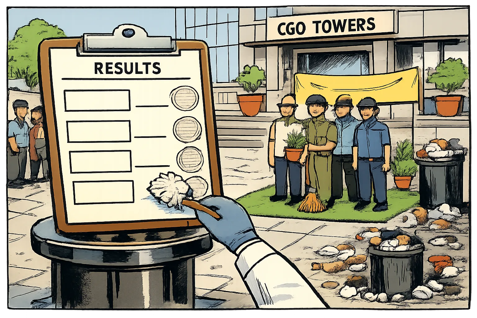 A cartoon outside CGO Towers shows a polished government report with empty result boxes beside a staged cleanliness activity, while litter and an overflowing bin remain in the background.