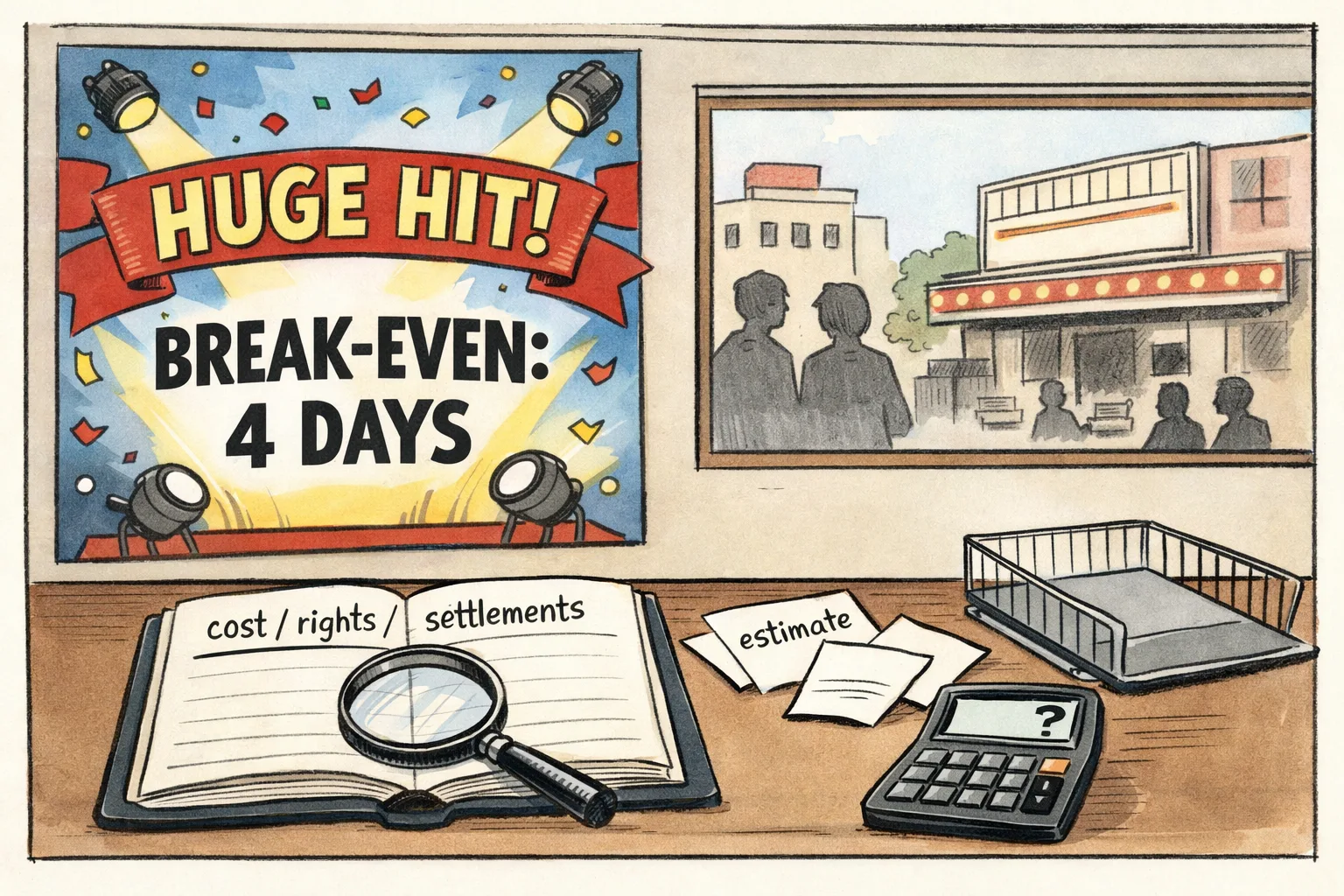 A hand-drawn cinema trade desk in Telangana with a large film poster marked “Break-even in 4 days” beside an empty ledger, scattered trade-estimate slips and a calculator showing question marks.