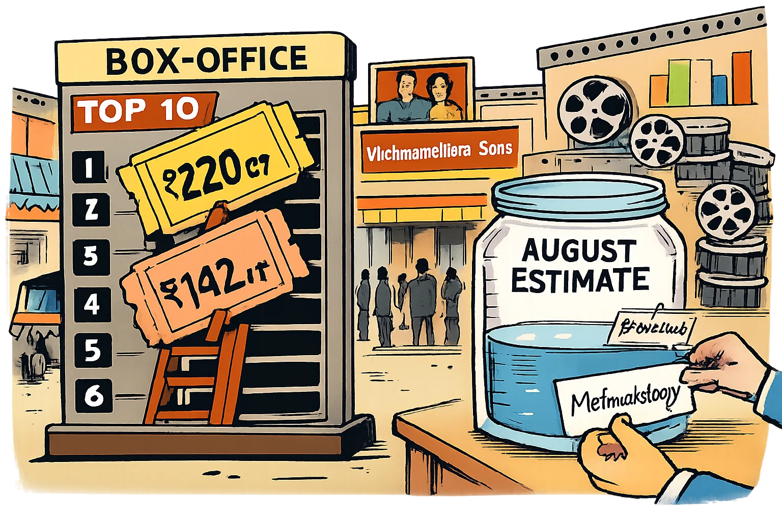 A cartoon outside a Hyderabad cinema shows two labelled film tickets entering a national top-10 scoreboard while a half-filled jar marked August estimate carries a projected tag.