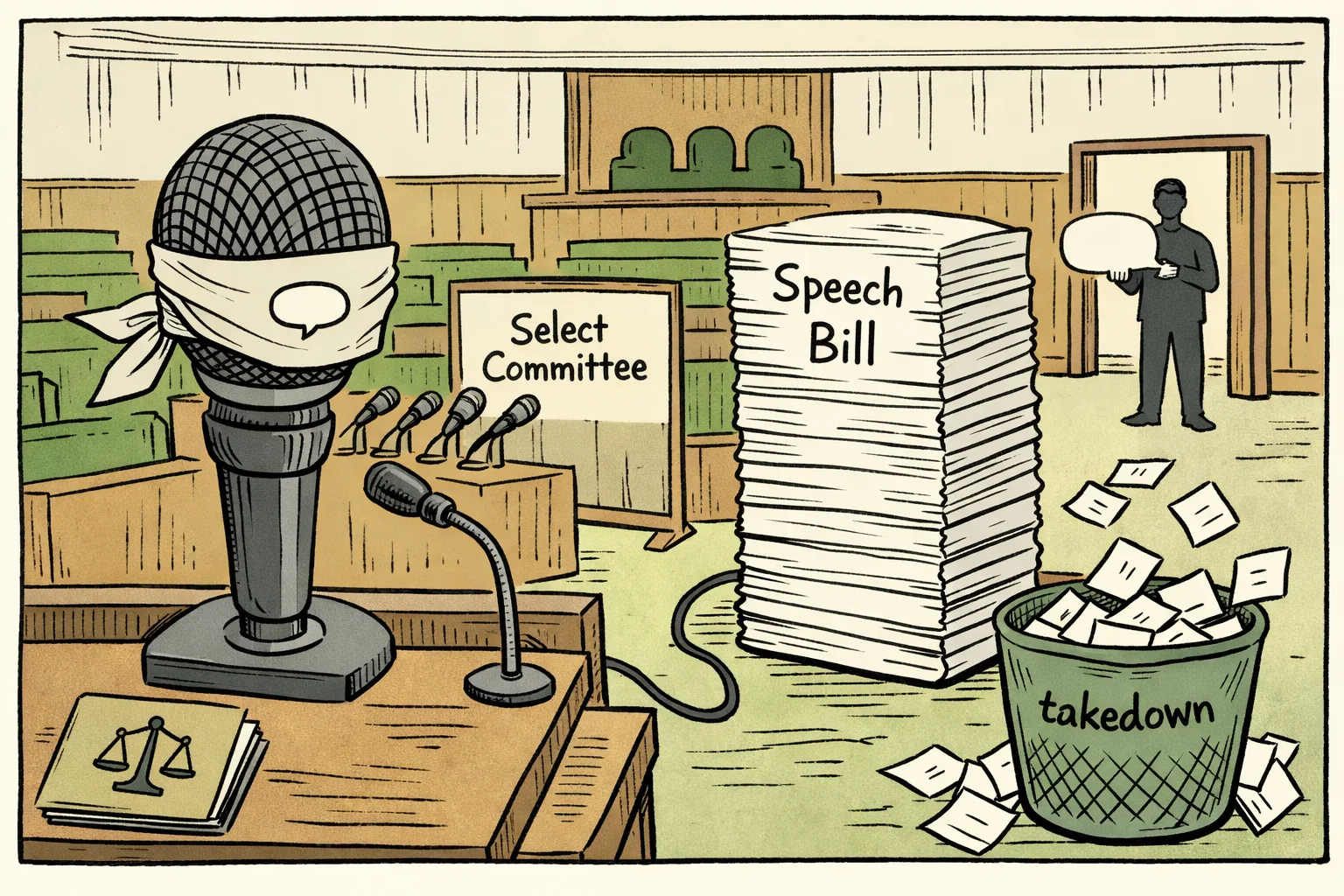 A large Telangana Legislative Assembly microphone sits on a desk beside a thick speech-law bill, while several smaller microphones point toward a government lectern covered by a curtain; a Select Committee file and red correction marks lie in the foreground.