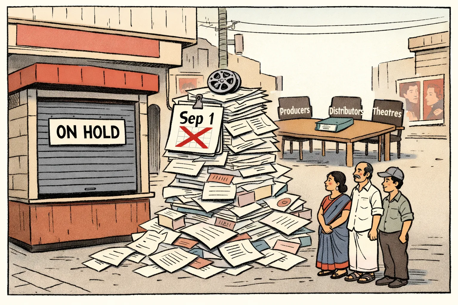 An ink-and-colour cartoon outside a Chennai cinema shows a September 1 calendar page crossed out beside a large stack of government paperwork, an empty three-way meeting table and a theatre sign reading “ON HOLD”.