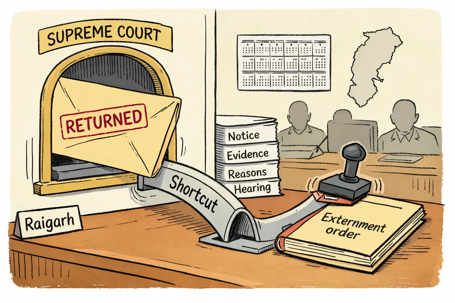 An official externment file is pushed back through a court service window stamped ‘RETURNED’, beside unused papers marked ‘Notice’, ‘Evidence’, ‘Reasons’ and ‘Hearing’.