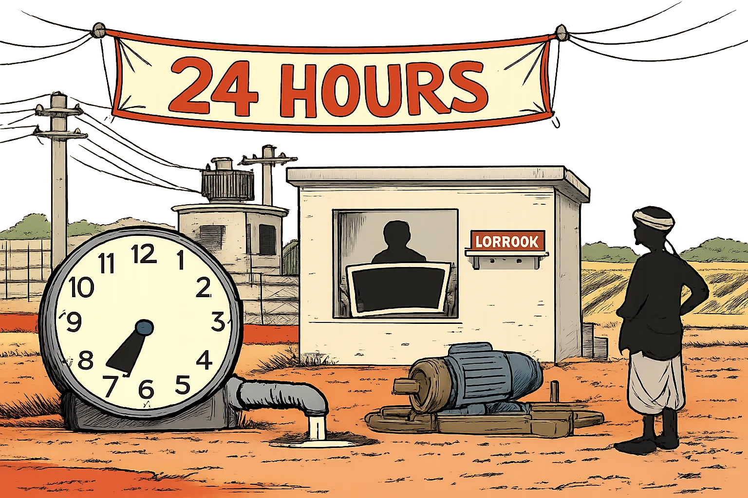 A Telangana rural substation scene shows a seven-hour meter beside a dry farm motor, a huge 24 HOURS banner overhead, and an empty ledger-shaped space where a logbook should be.