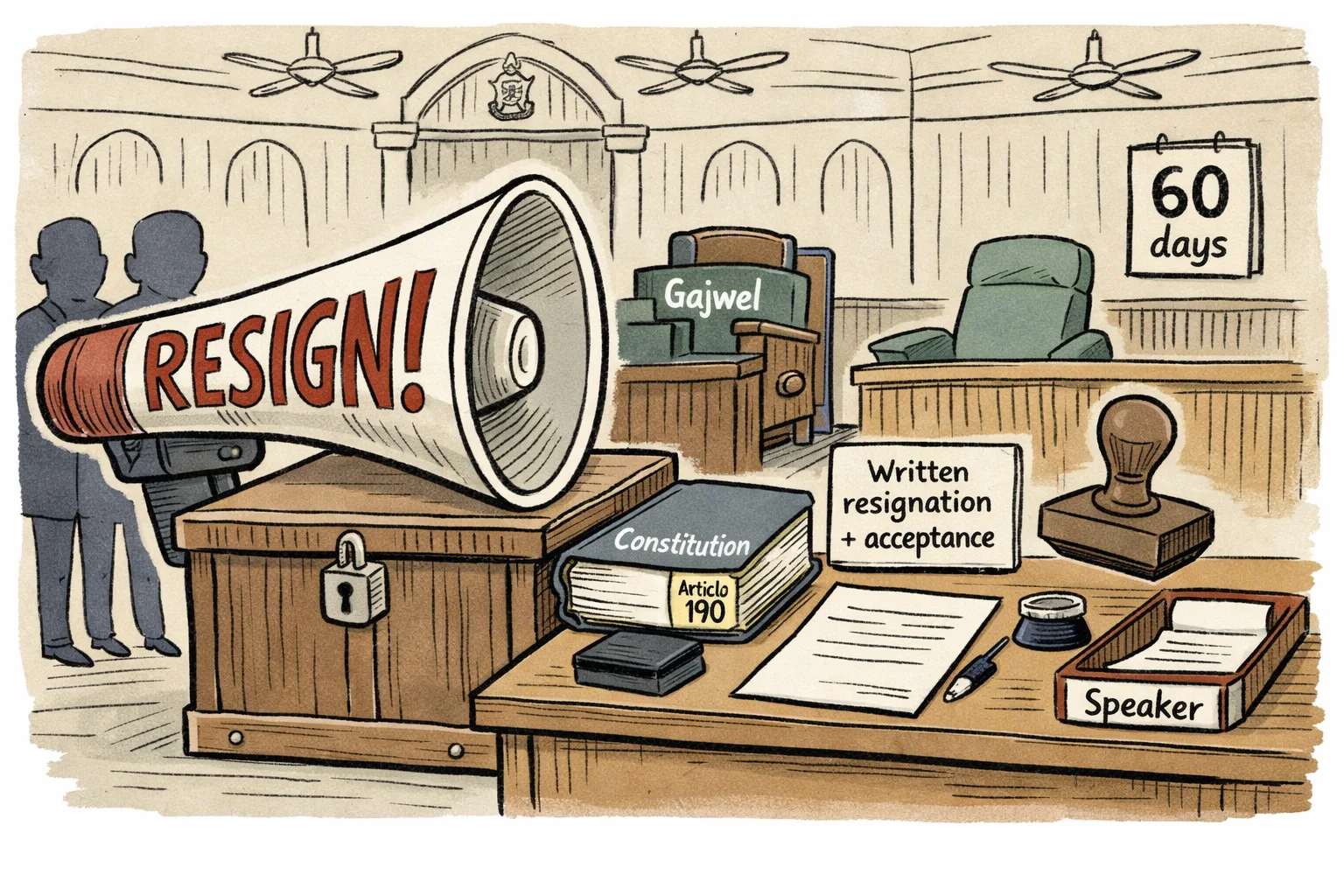 An oversized megaphone demanding resignation faces a locked Assembly paperwork counter with an Article 190 rulebook, blank resignation form and unused Speaker stamp; an empty Gajwel Assembly seat remains bolted in the background.