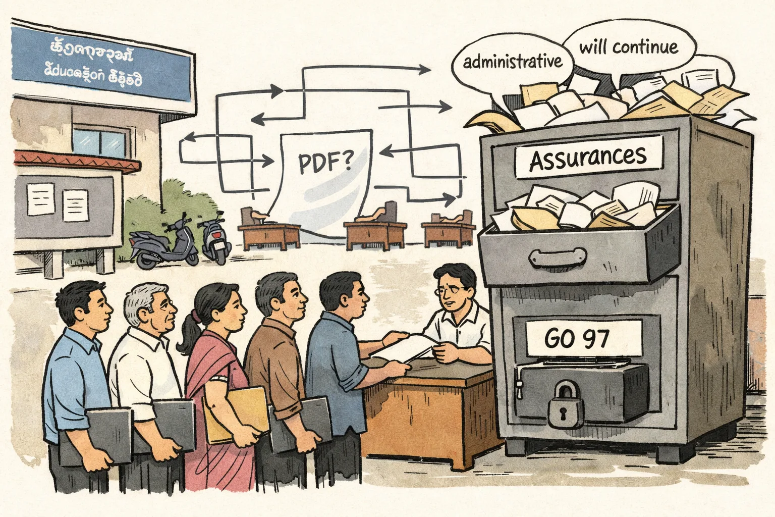 Polytechnic students and faculty wait at a government office counter for a file labelled GO 97, while officials pass speech bubbles between overflowing assurance folders and an empty locked drawer.