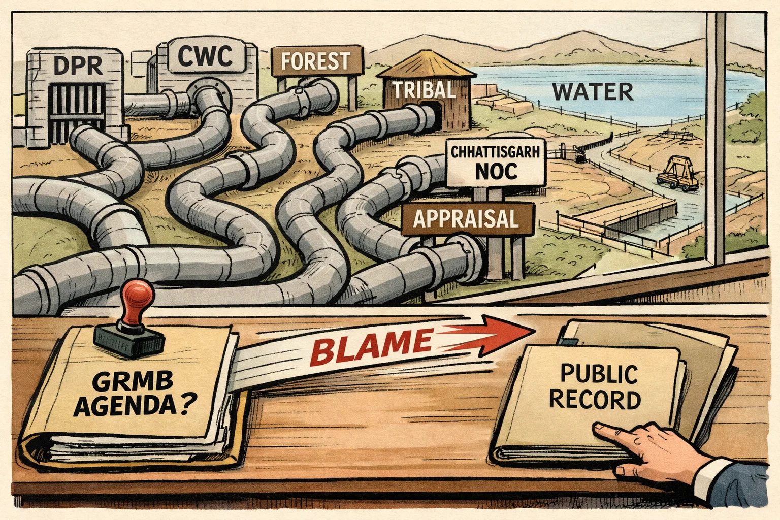 A Telangana irrigation project file sits on a desk beneath a huge GRMB agenda sheet, while pipes labelled with project names wind toward a distant water tank and stop at different locked gates.