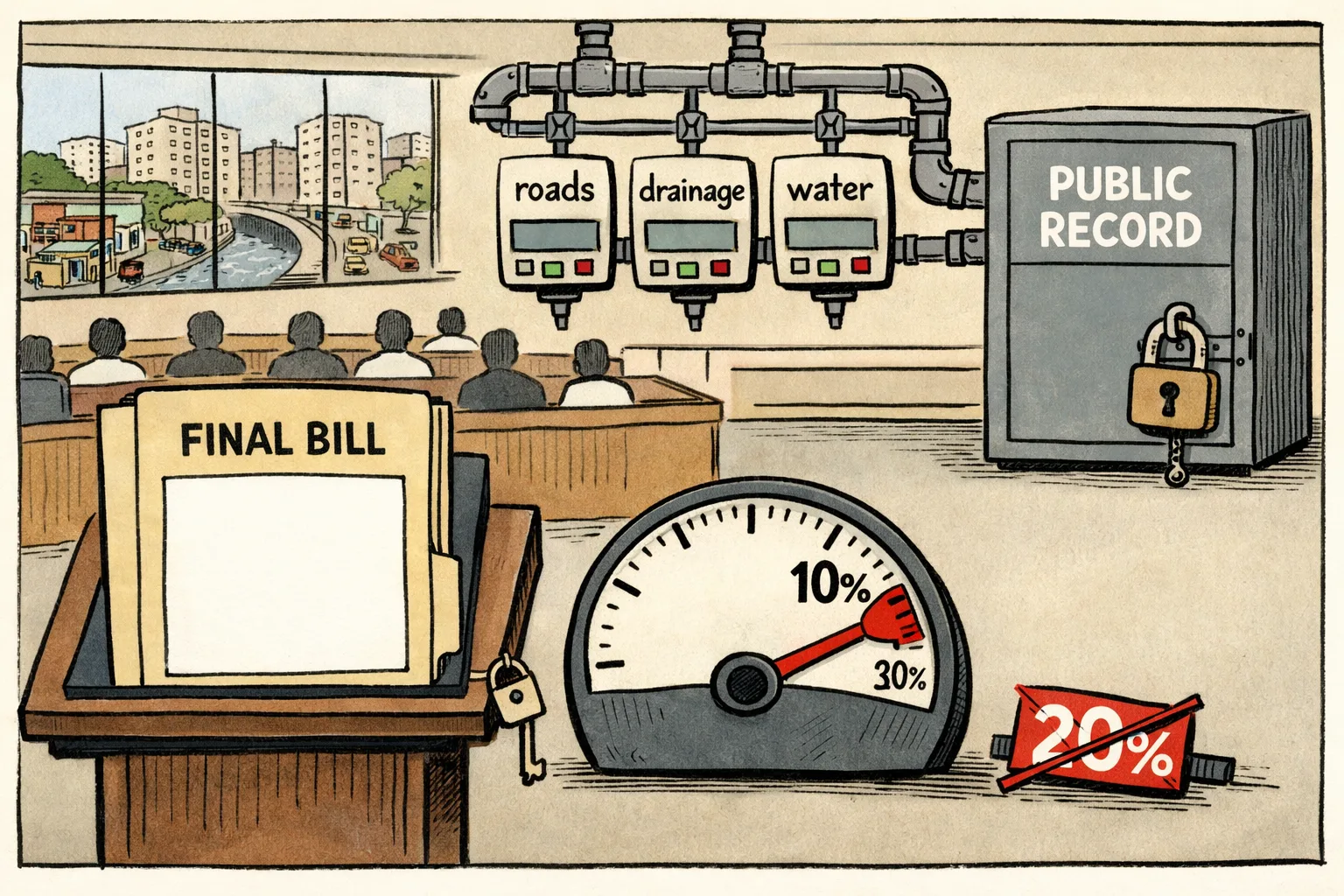 An empty folder labelled 'FINAL BILL' sits on a legislative lectern beside a tax gauge stopped at 10%, while pipes connect miniature urban-service panels to a locked public-record cabinet.