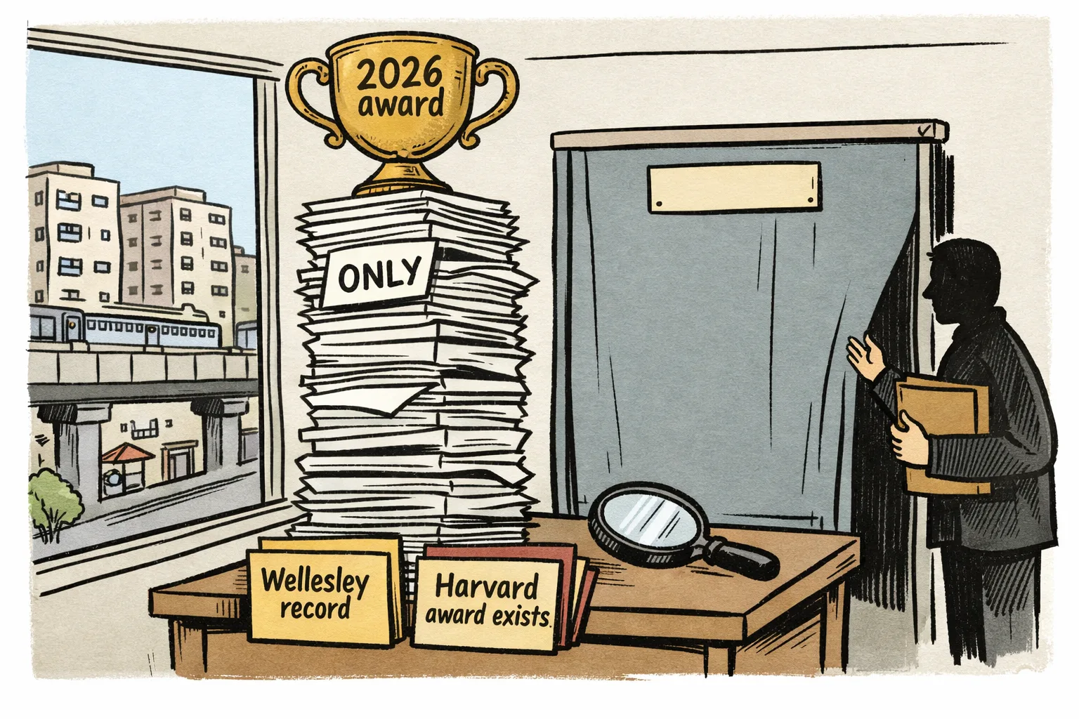 An ornate 2026 award trophy balances on a stack of webpages and press-release sheets beside a magnifying glass and a half-closed university noticeboard, with Hyderabad buildings in the background.