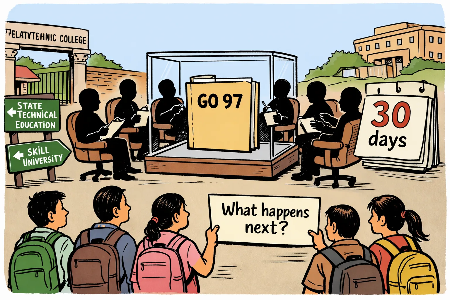Students wait outside a Telangana polytechnic college while six anonymous officials sit around a blank GO 97 file and a calendar marked 30 days.