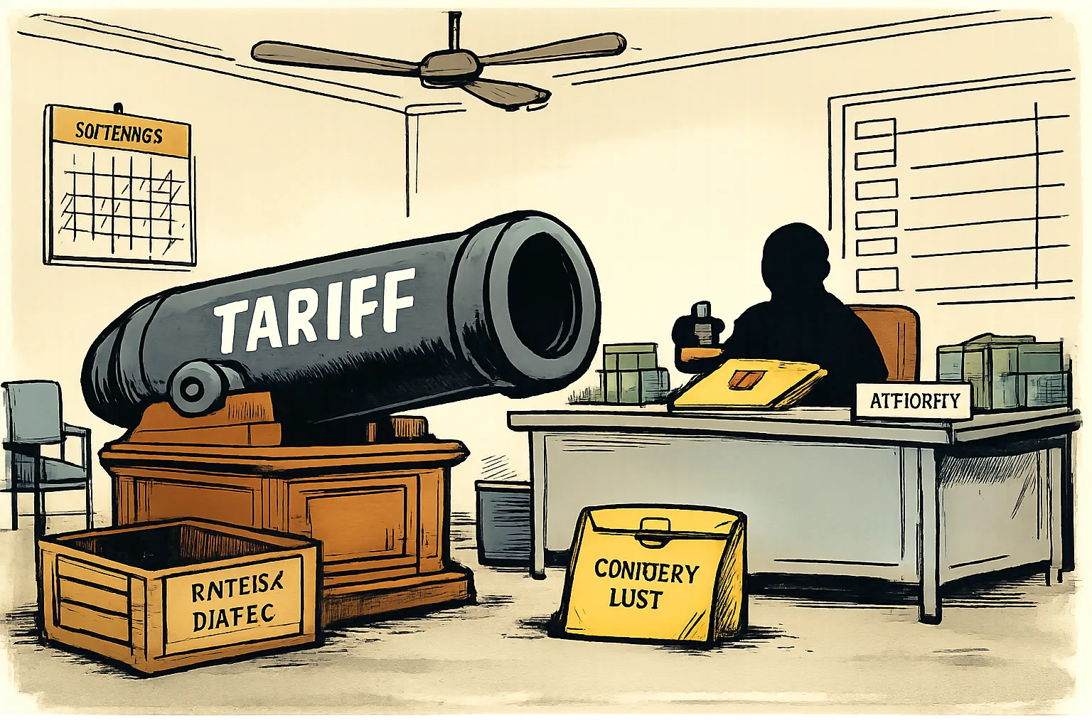 An oversized cannon labelled “TARIFF” points at a sealed folder marked “COUNTRY LIST” in a Telangana-style government office, beside an empty crate for rates and dates.