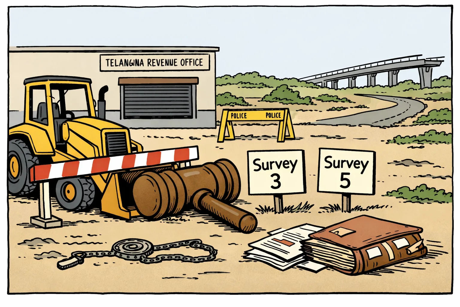 A Telangana High Court gavel rests across a toy bulldozer halted at a boundary marked with survey-number boards, while a distant rail line and project sign sit behind a file-strewn revenue office.