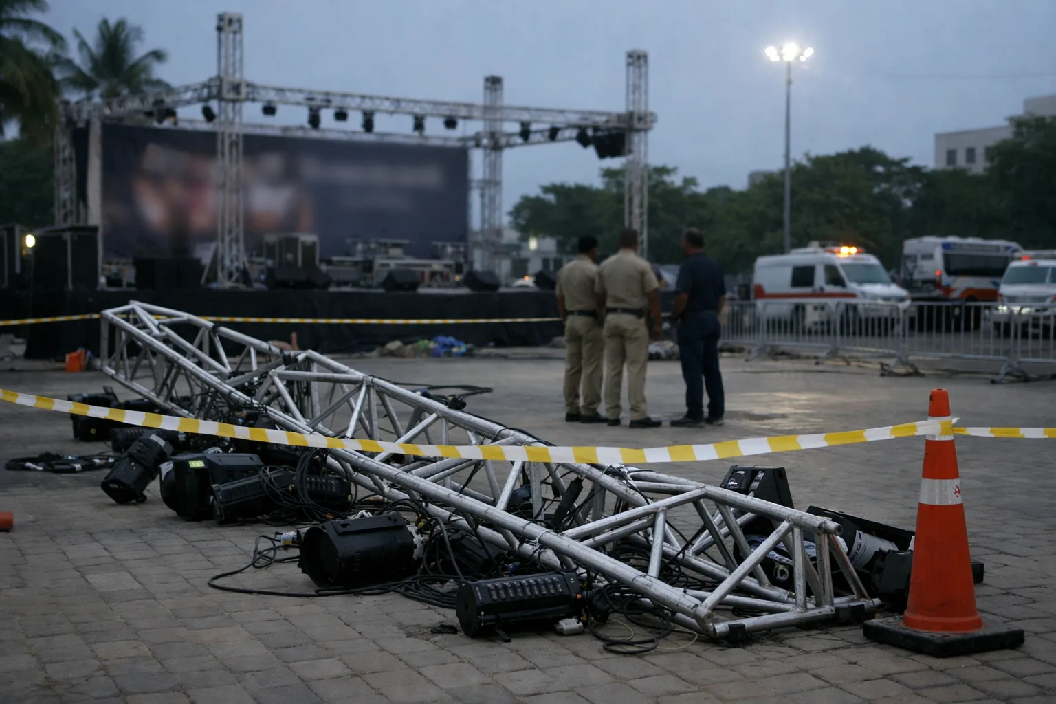 A bent temporary lighting truss and fallen equipment sit behind safety tape on a university campus, with an empty event stage and distant personnel in the background.