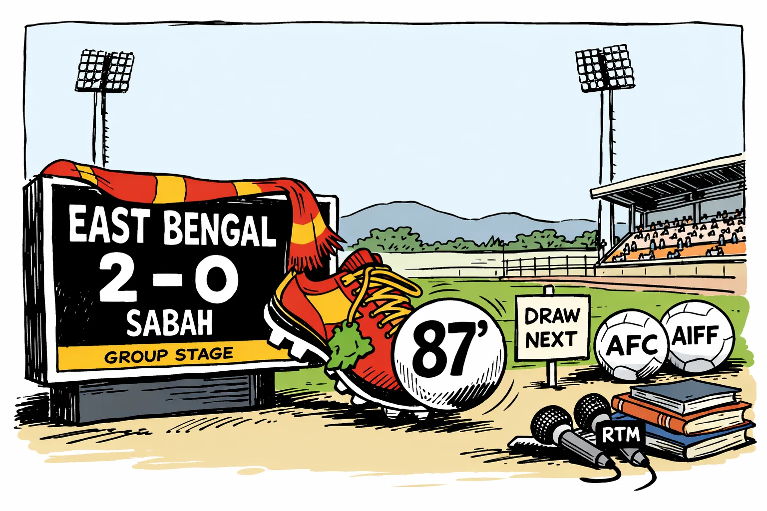 A cartoon scoreboard at a football stadium shows East Bengal beating Sabah 2–0 and reaching the group stage, while footballs and rulebooks wait beside a sign for the next draw.