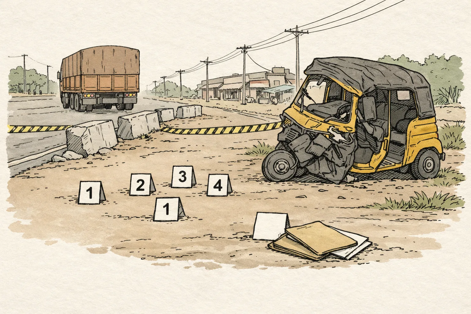 A damaged auto-rickshaw and lorry stand on a Telangana roadside near a broken divider, with four numbered evidence markers and a fifth blank marker beside an official file.