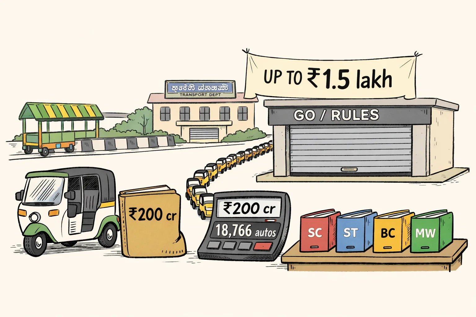 A Telangana government file marked with a small rupee symbol sits beside an electric auto-rickshaw, while a long line of 18,766 tiny auto icons stretches toward a locked Transport Department counter; a calculator shows figures that do not match.