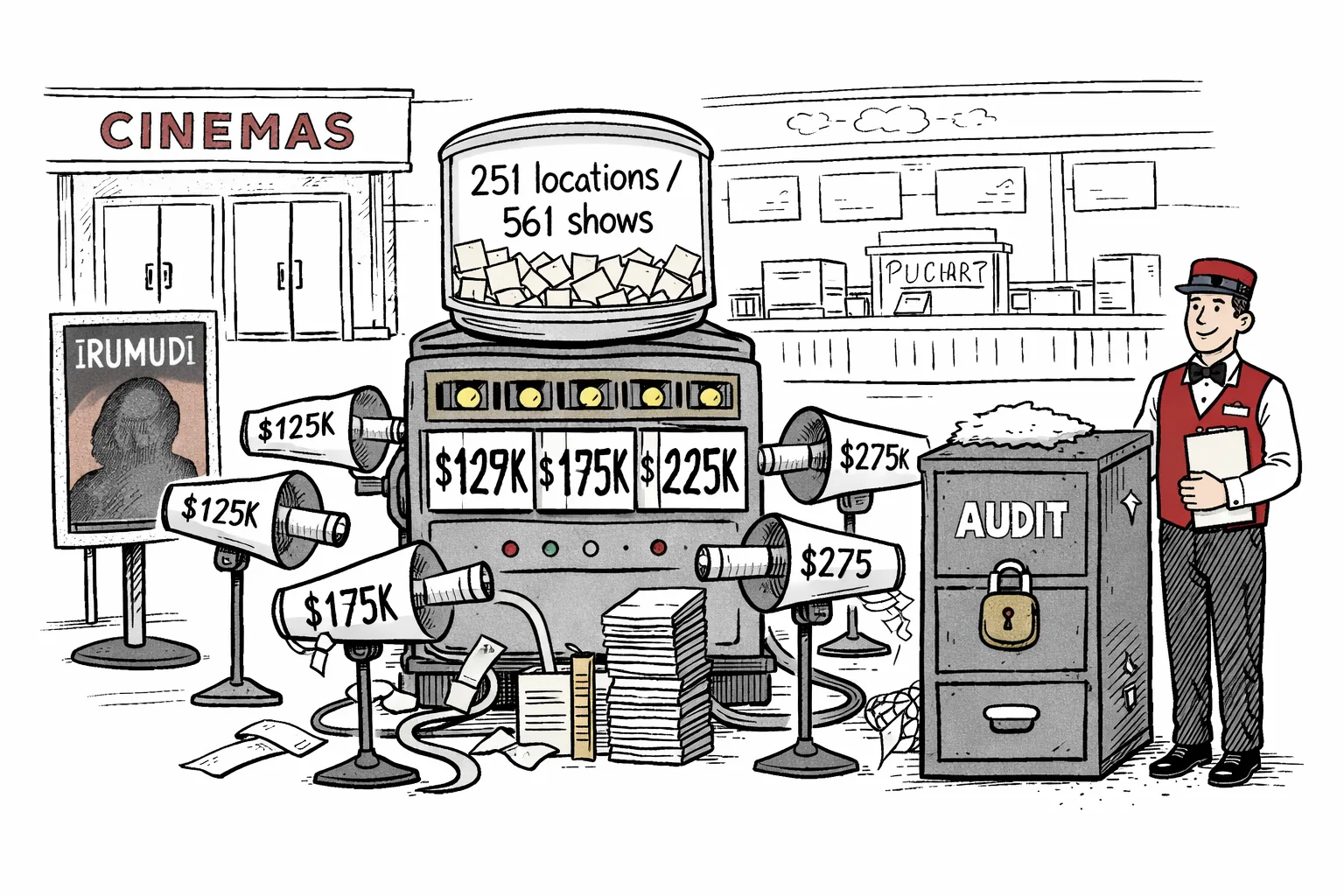 A cartoon North American cinema lobby contains a box-office machine displaying several conflicting dollar totals, while a dusty locked cabinet labelled “AUDIT” sits nearby.