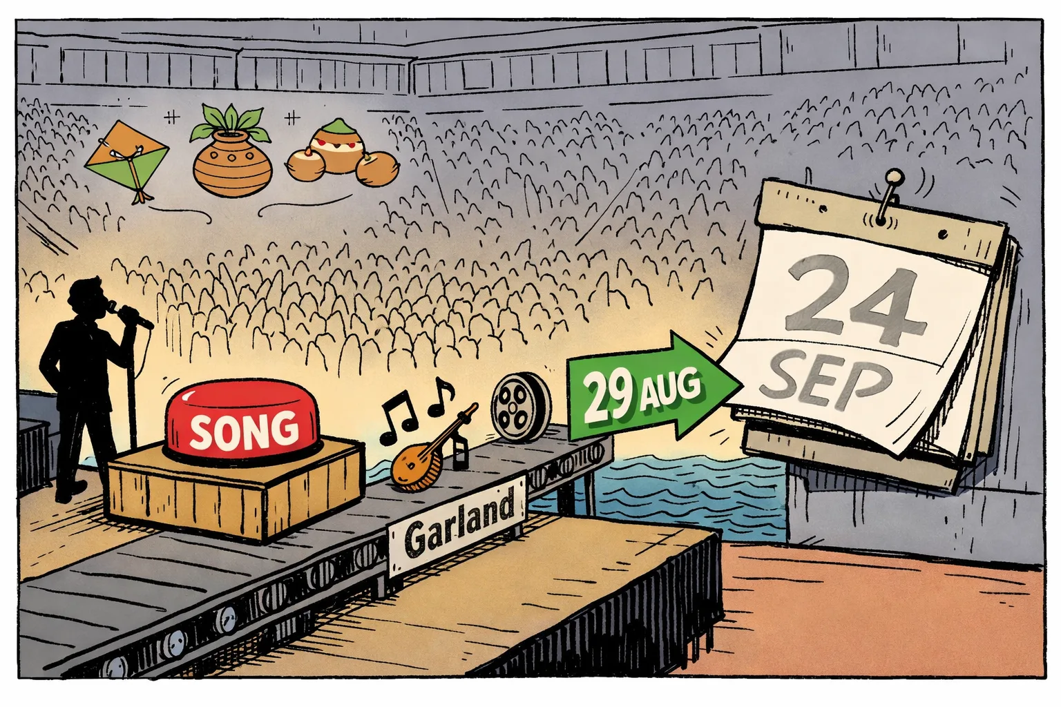A concert hall stage in Garland sends a music package toward a digital-release arrow, while a large film calendar marked 24 SEP hangs loose and wobbles beside it.