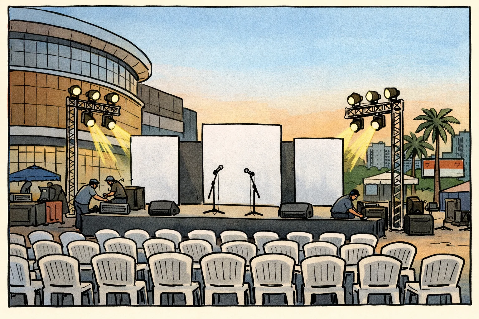 An empty stage and rows of chairs are being prepared in an event area outside a shopping mall in Kochi.