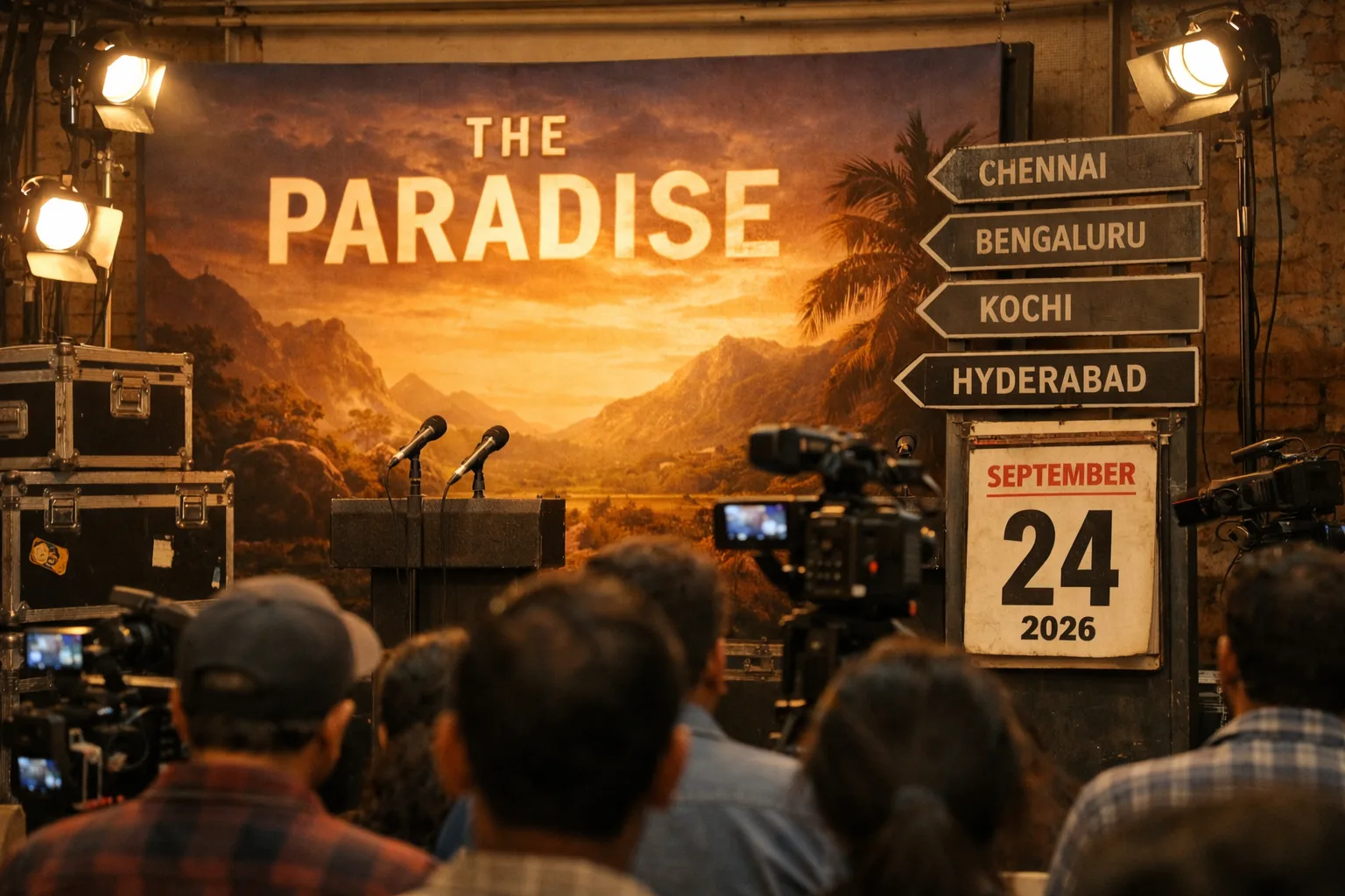 A cinematic film-promotion setup in Hyderabad shows a route board linking Chennai, Bengaluru, Kochi and Hyderabad beside event equipment and a calendar marked September 24, 2026.