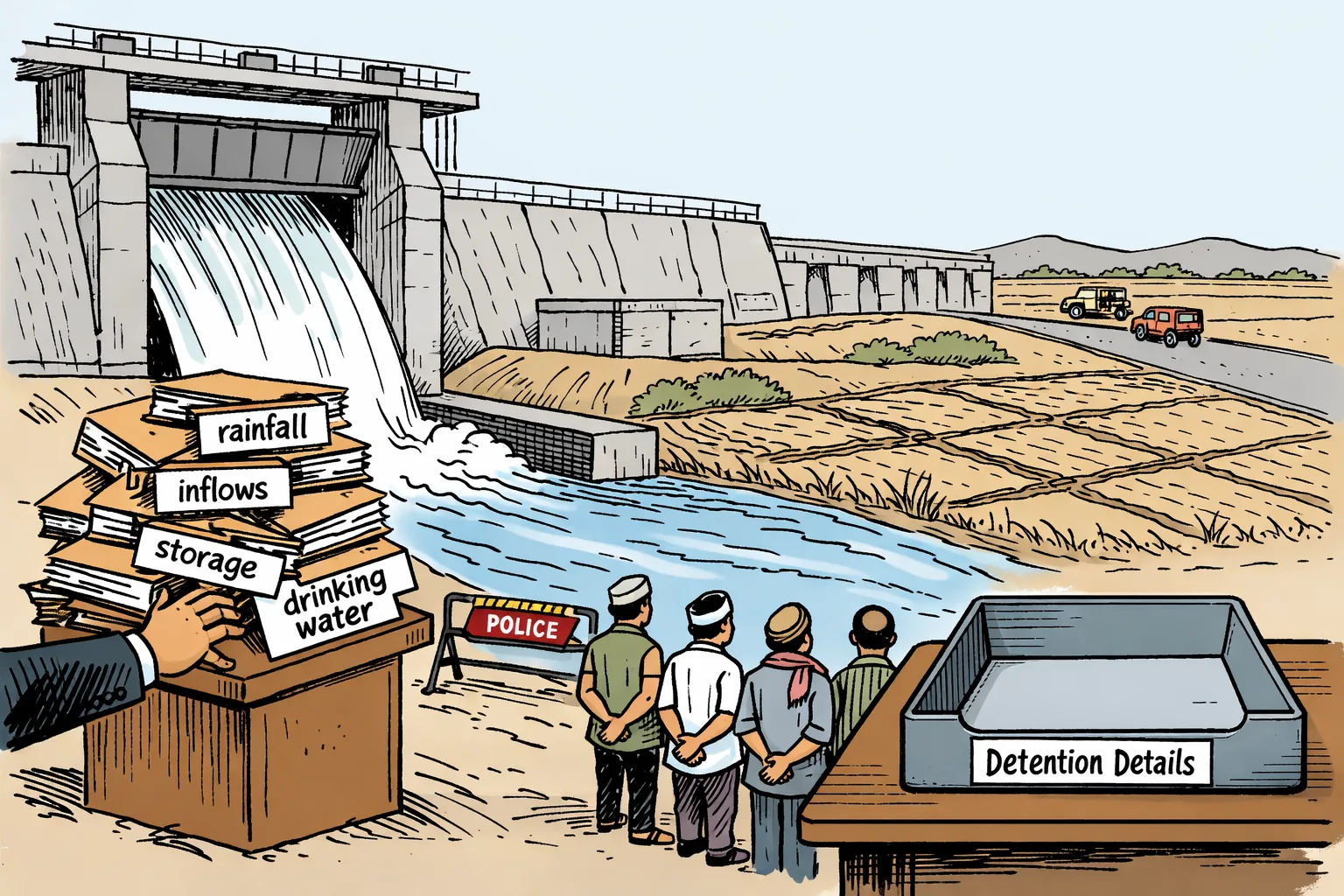 An irrigation gate at the Jurala project opens toward paddy fields while folders of official explanations stand beside an empty tray labelled detention details.