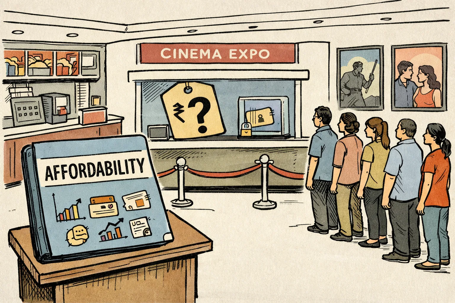 A conference folder marked affordability sits before a cinema ticket counter with a large price tag and a small sign reading TBA, while cinema-goers wait nearby.