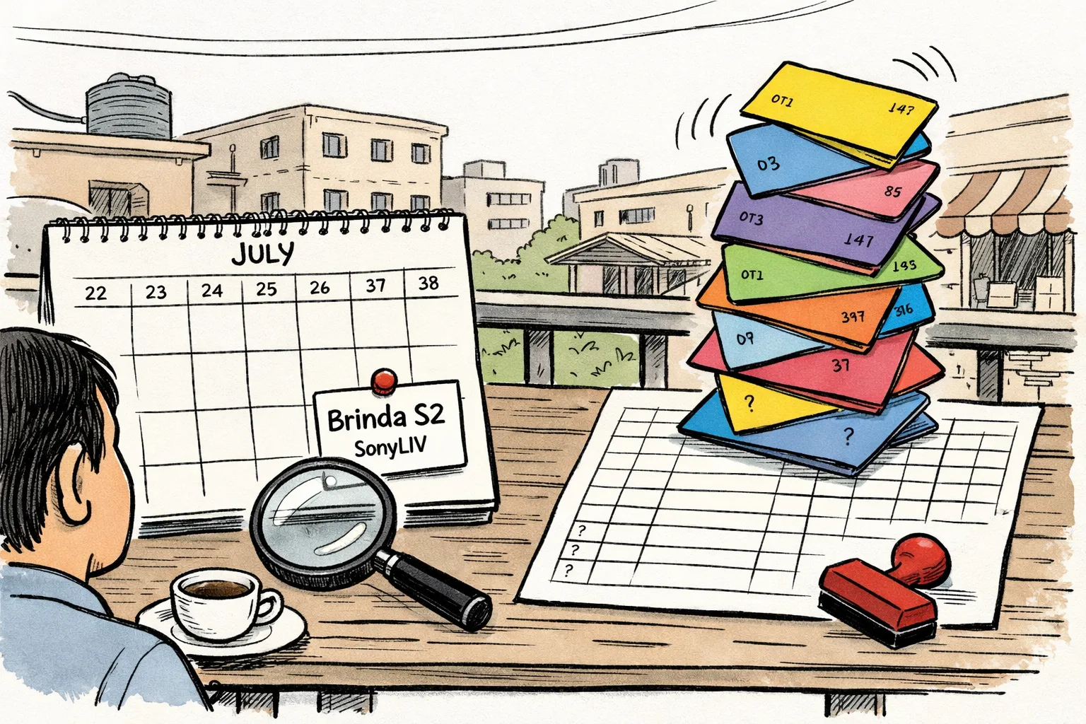 A Telangana viewer’s calendar shows one Telugu OTT title, while a tall stack of seven labelled streaming cards teeters beside a missing and partly blank release chart.