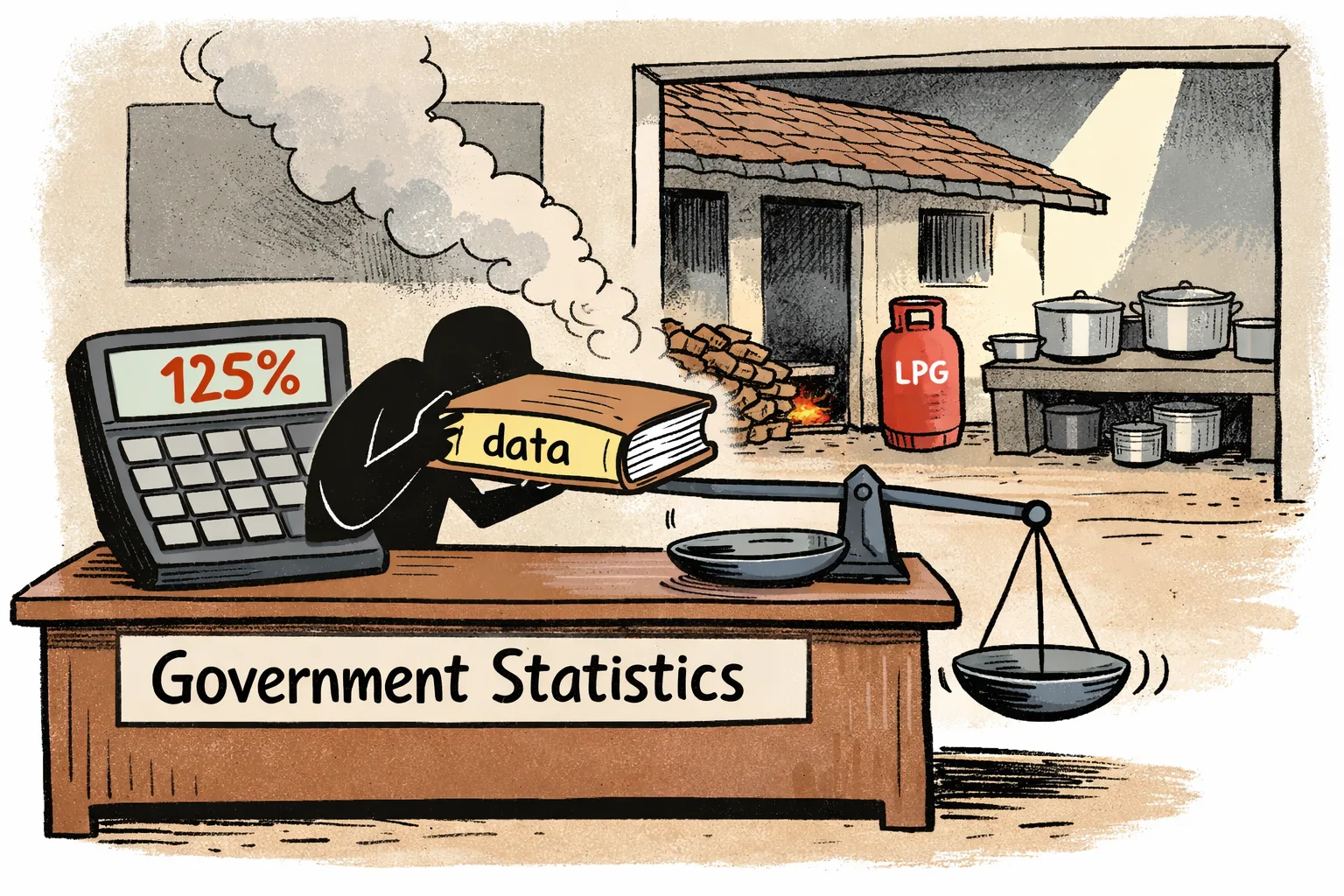 A Telangana government school kitchen with a smoky wood-fired stove and an unused LPG cylinder stands behind a desk piled with mismatched fuel records and a calculator showing an incorrect percentage.