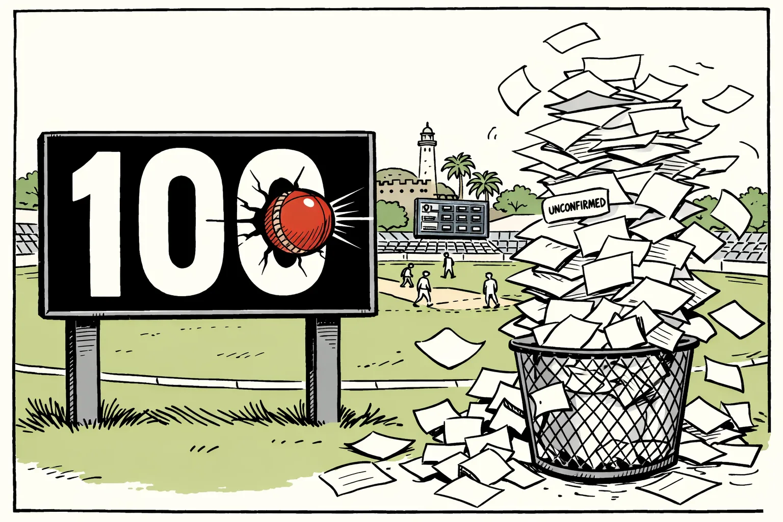 A cricket scoreboard in a Galle stadium shows a large, solid 100 beside a cricket ball, while a pile of loose unofficial number cards lies in a wastebasket below.