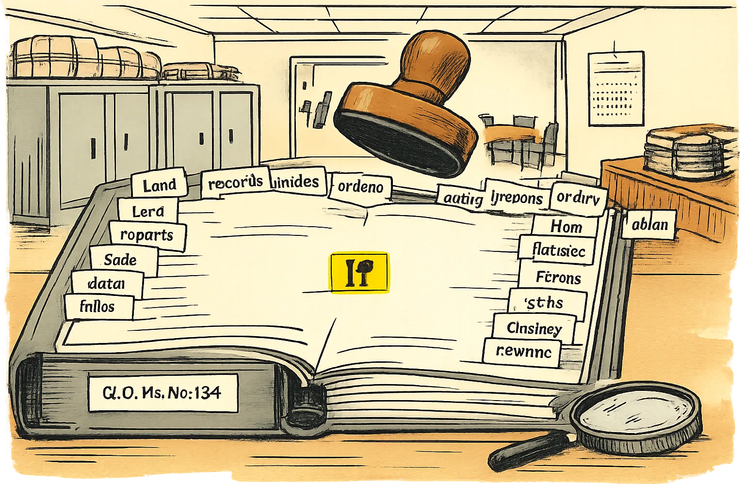 An oversized Telangana government file sits open on a desk, with the word “if” highlighted on its page while a rubber stamp pauses above it; folders and office records surround the file.