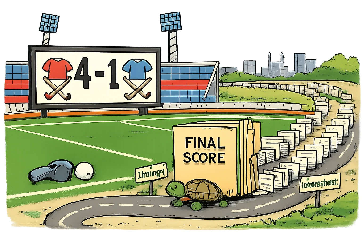 A hockey scoreboard at Hyderabad’s Gachibowli Hockey Complex shows 4–1 while a large final-score file trails behind on a winding track carried by a tortoise.