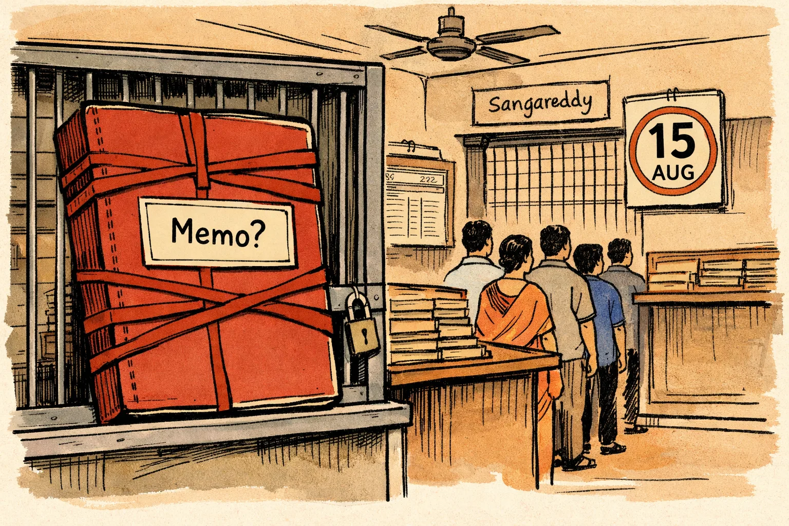 A giant ration-card-shaped file labelled “Memo?” sits on a locked Civil Supplies counter, while a long queue of blank application forms stretches toward a wall calendar marked August 15; a small Sangareddy sign stands in the background.