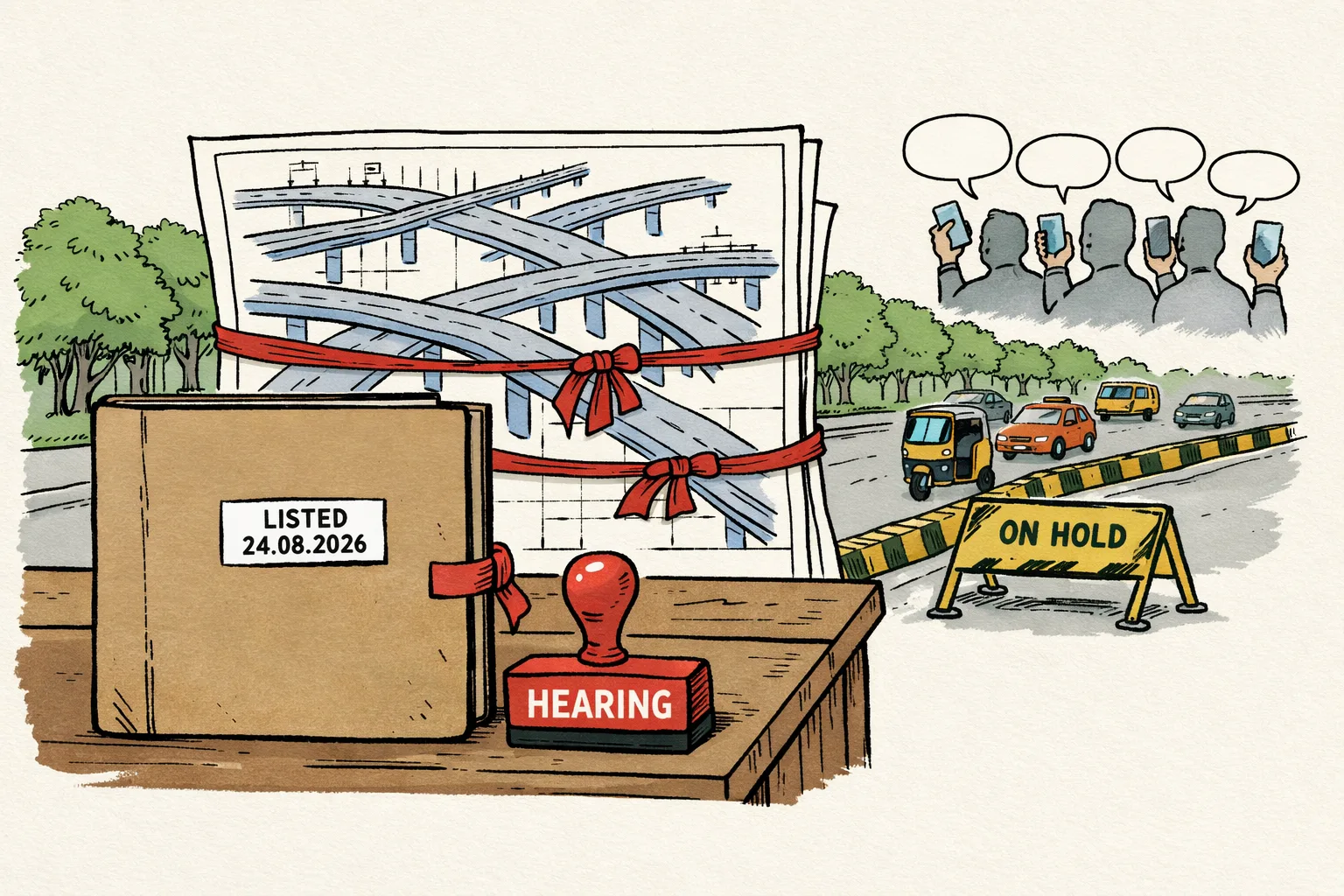 A Supreme Court docket marked “LISTED 24.08.2026” sits beside a “HEARING” stamp, while a blueprint of flyovers is tied down near trees and a roadwork barricade marked “ON HOLD.”