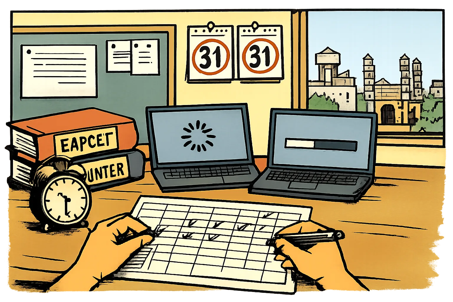 A Telangana student’s desk holds two neatly dated admission calendars and a ticking clock, while two computer screens in the background remain stuck on loading symbols.