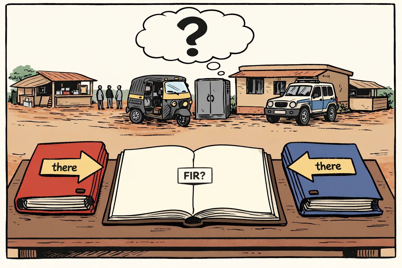 A blank FIR register sits between two police files pointing toward each other outside a roadside police outpost, with a damaged autorickshaw in the background.