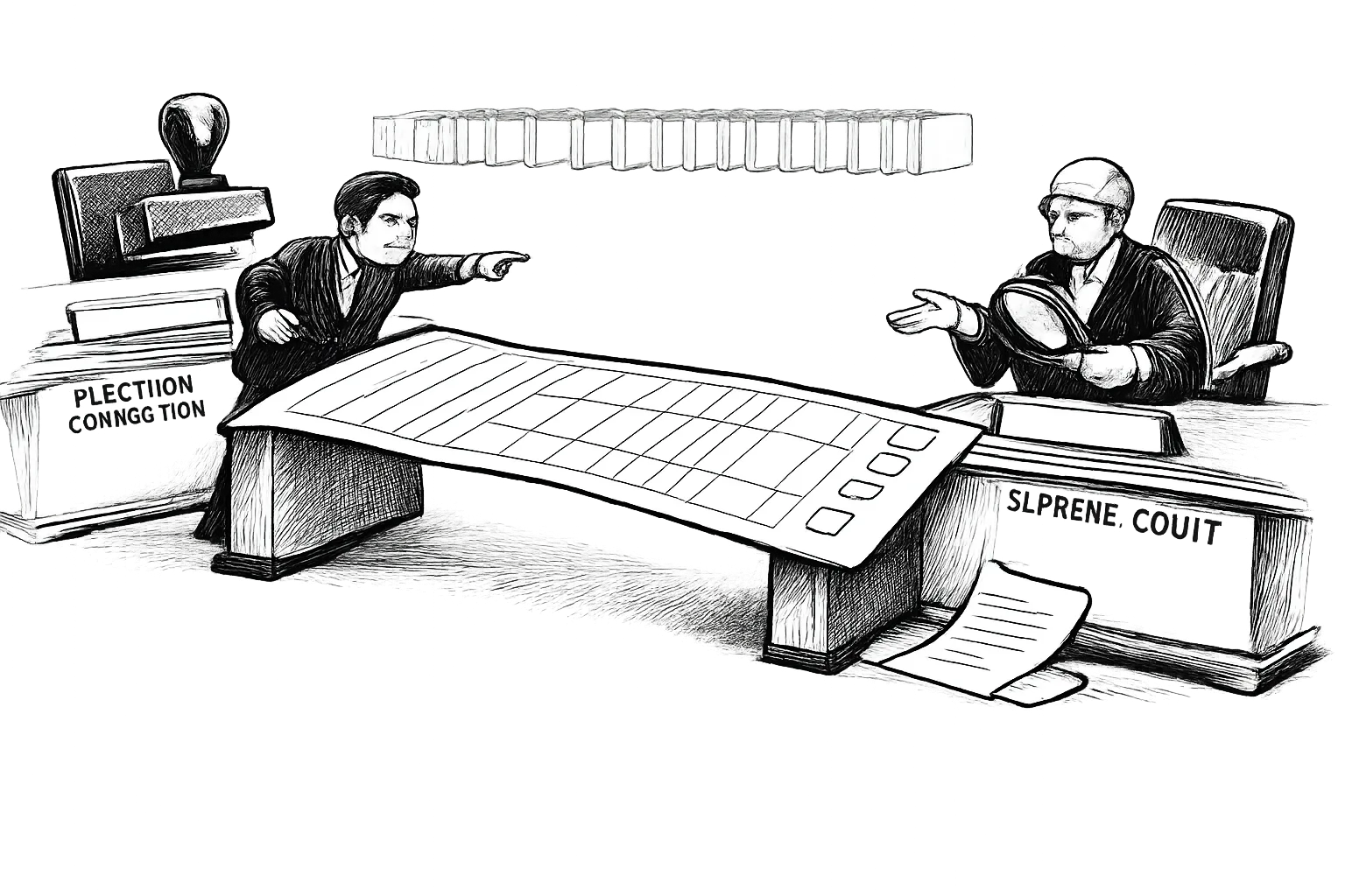 An Election Commission representative and a Supreme Court judge point in opposite directions across a giant open voter form, while a loose declaration sheet falls beside a magnifying glass and empty files recede behind them.
