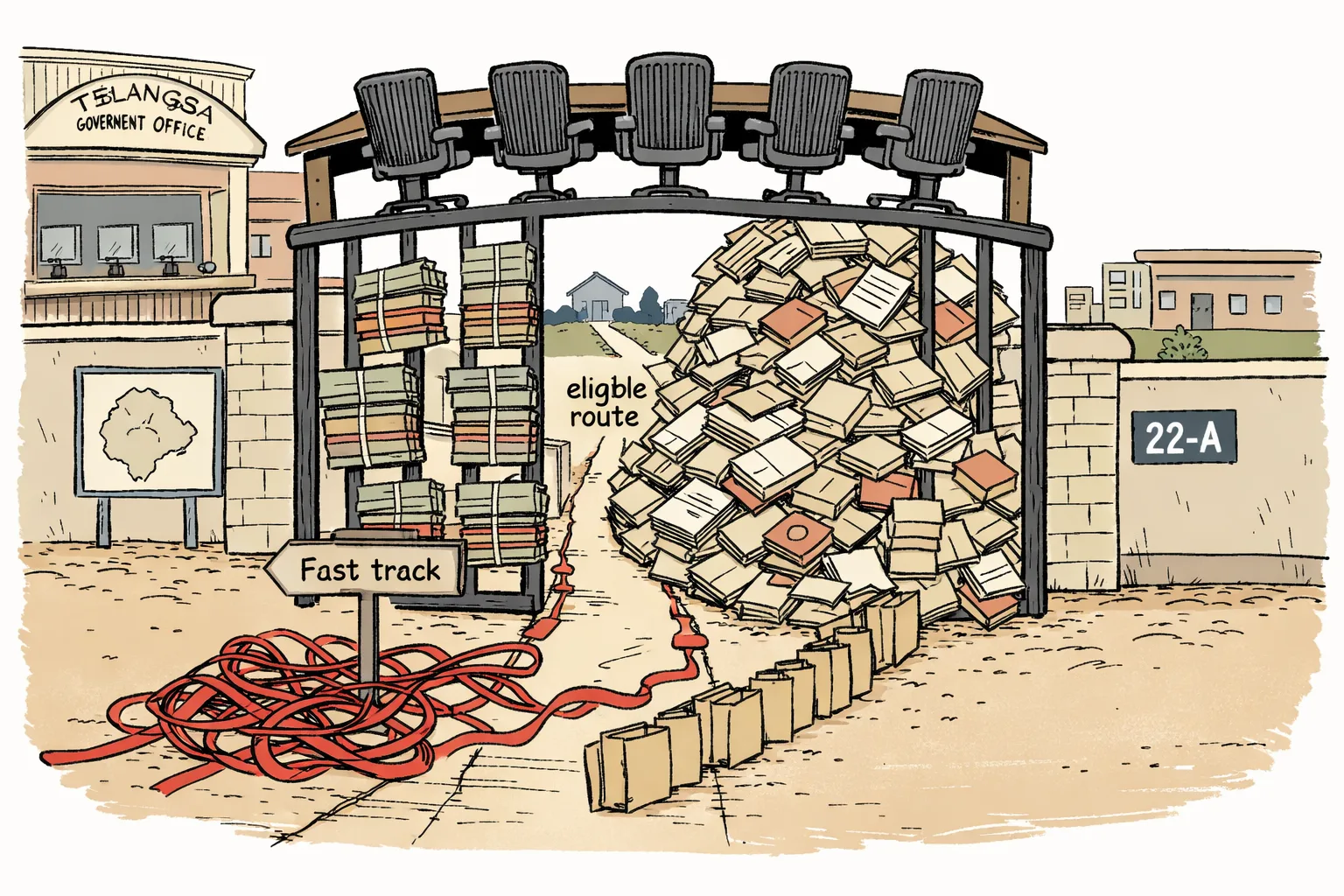 A committee-shaped metal gate at a Telangana government office blocks a narrow route marked eligible route, while files and forms pile up around houses, an apartment block and an open plot.