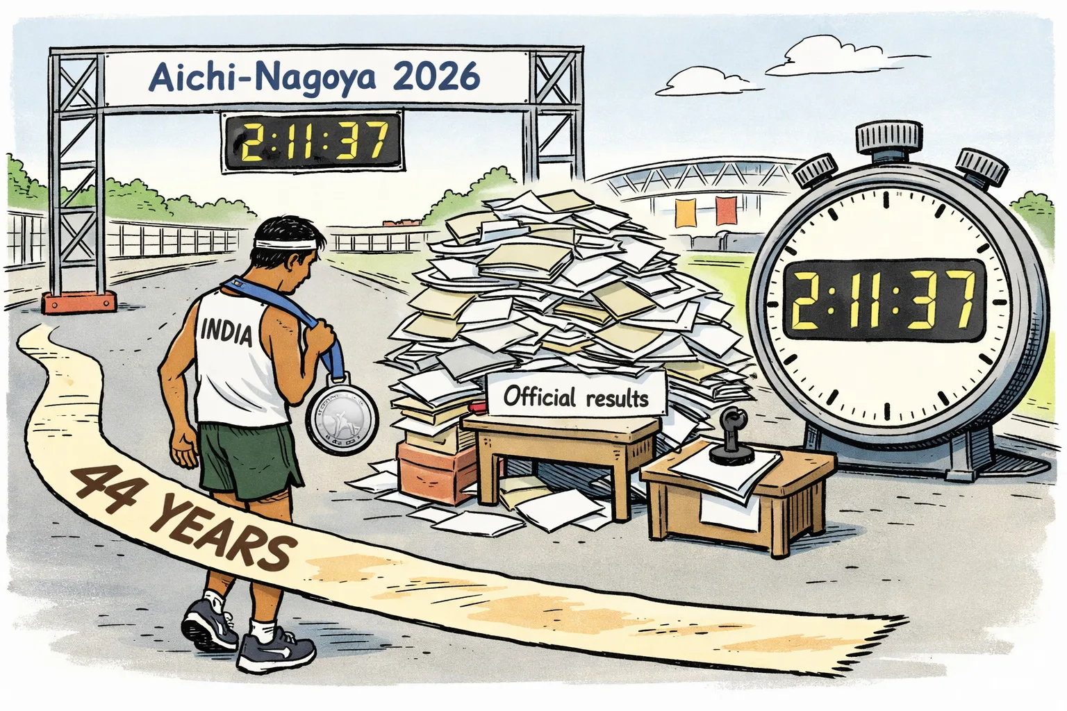 An anonymous marathon runner crosses a finish line with a silver medal while a stopwatch shows 2:11:37; behind him, a tiny official-results desk is buried under paperwork beside a missing results sheet, and a roadside marker reads 44 years.