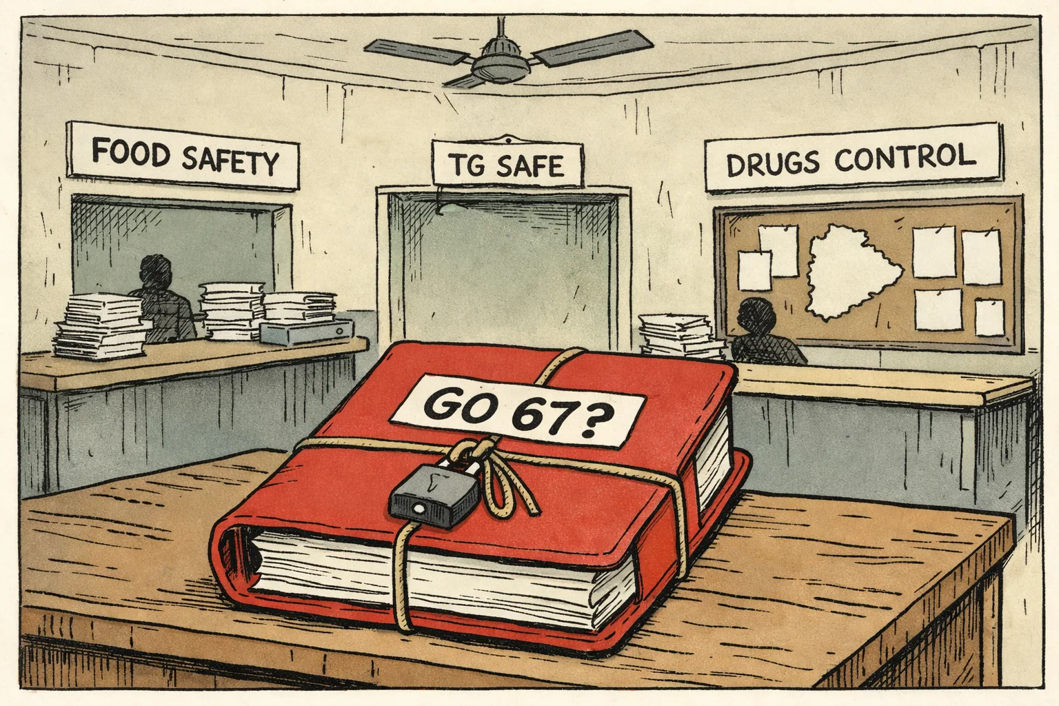 A large sealed government file marked “GO 67?” sits on a table between two separate office counters labelled “Food Safety” and “Drugs Control”, while a tiny sign reading “TG SAFE” hangs from an empty doorway behind them.