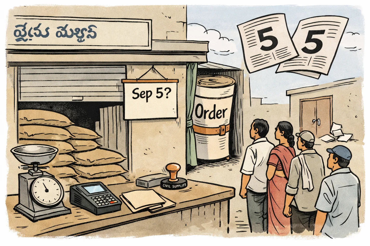 A Telangana fair-price shop with rice sacks and a small queue stands beneath a sign reading “Sep 5?”, while a large government file labelled “Order” hides behind a curtain and newspapers show the number five.