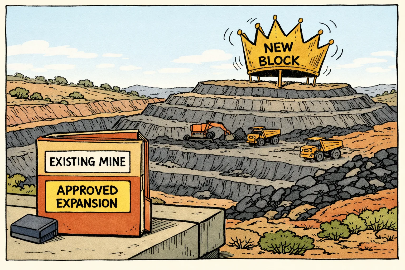 An existing open-cast coal mine in Manuguru stretches behind a large file marked “EXPANSION”; a tiny glittering crown labelled “NEW BLOCK” sits on top while official papers point toward working excavators and coal trucks.