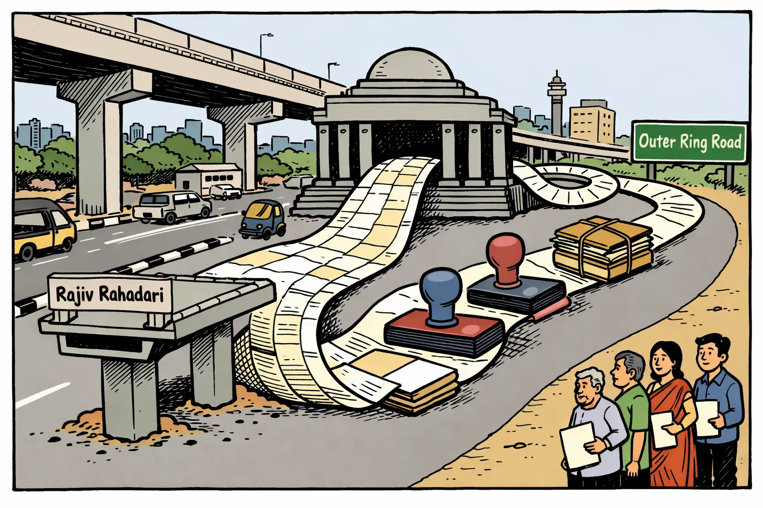 An unfinished elevated road near a Hyderabad street ends at a giant courthouse-shaped speed bump while a long road made of government files winds ahead toward Shamirpet; property owners stand beside the road with documents.