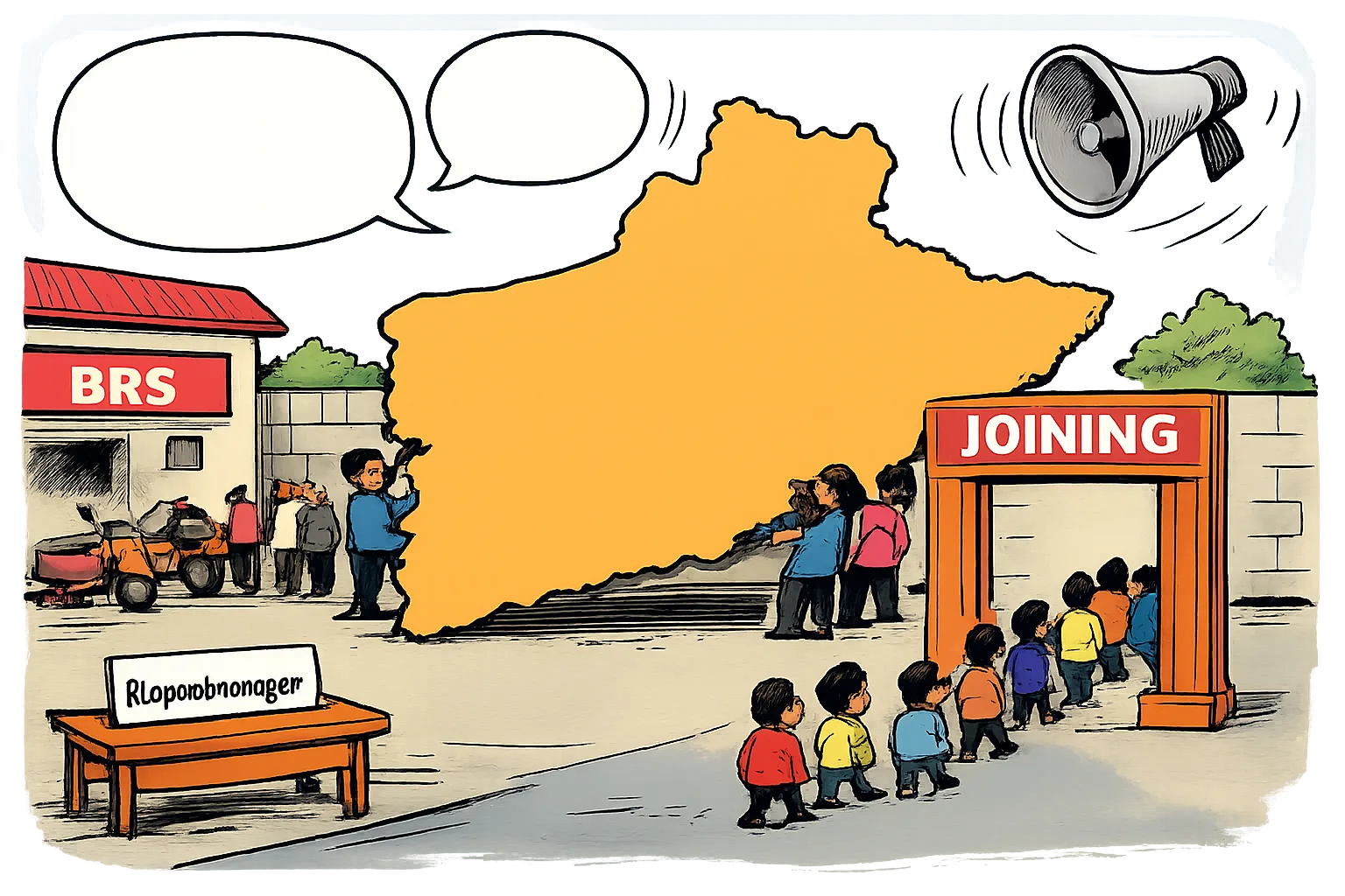 Six indistinct figures enter a BRS office in Rajendranagar while a giant Telangana map and oversized political speech bubbles exaggerate the scale of the small gathering.